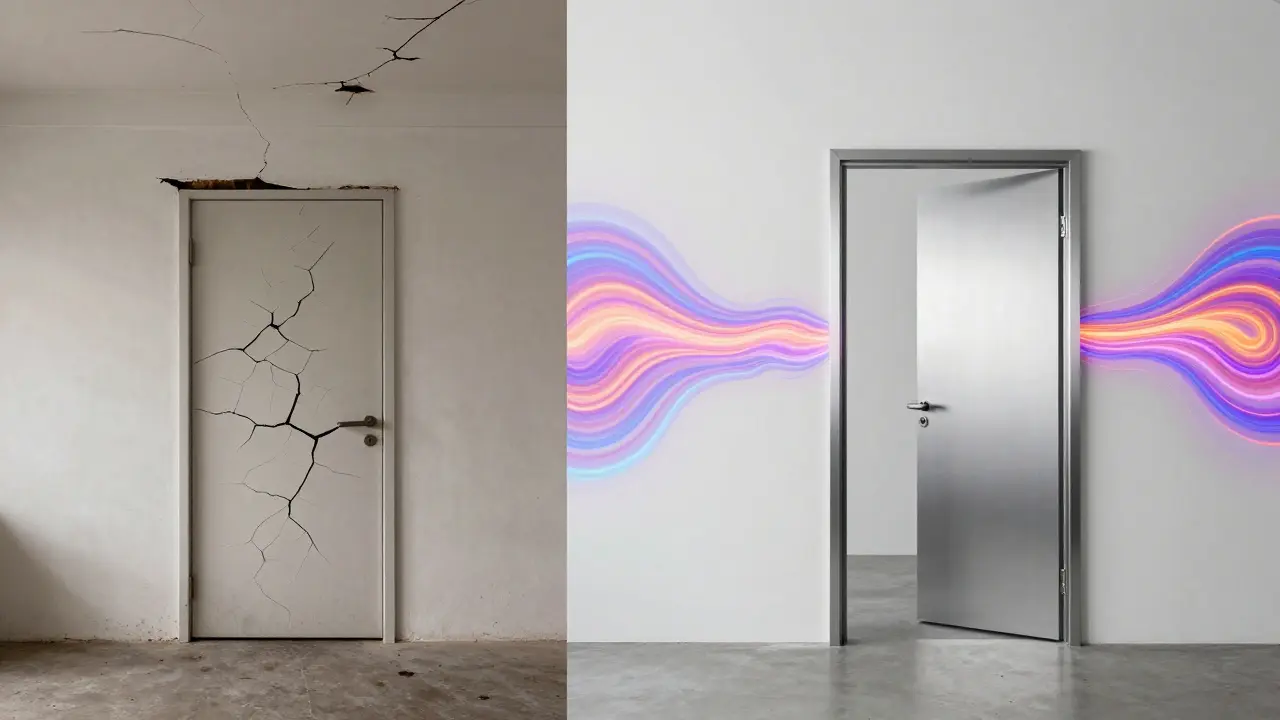 Vergleich: Eine verformte alte Türöffnung mit Rissen gegenüber einer perfekt installierten modernen Stahlzarge.