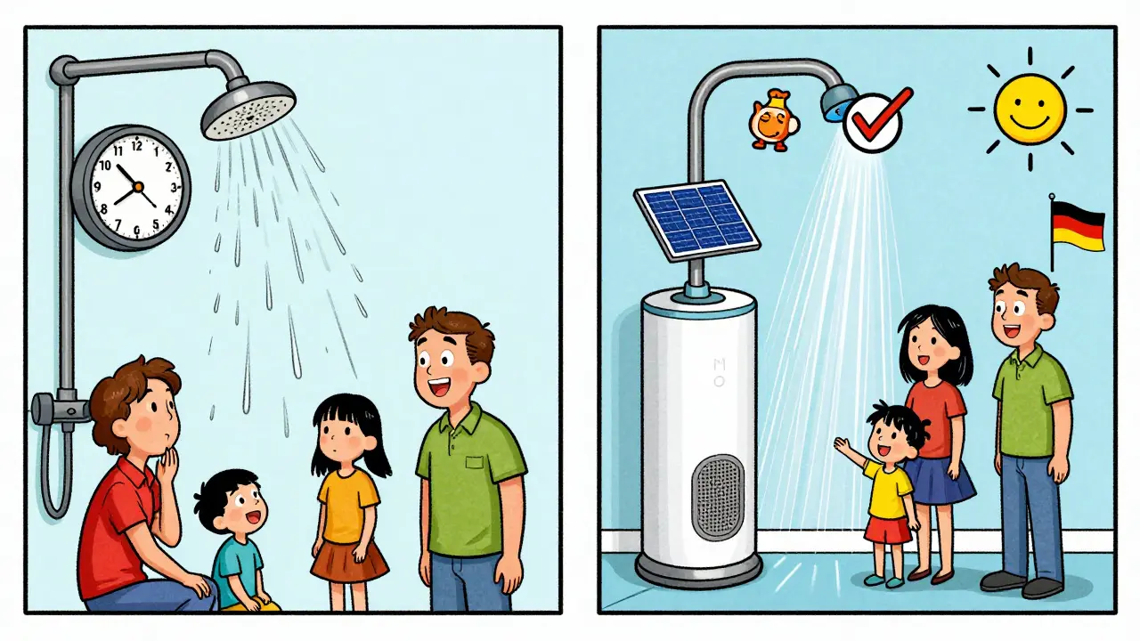 Vergleich: Warten auf warmes Wasser vs. sofortiges heißes Wasser mit Solarstrom.
