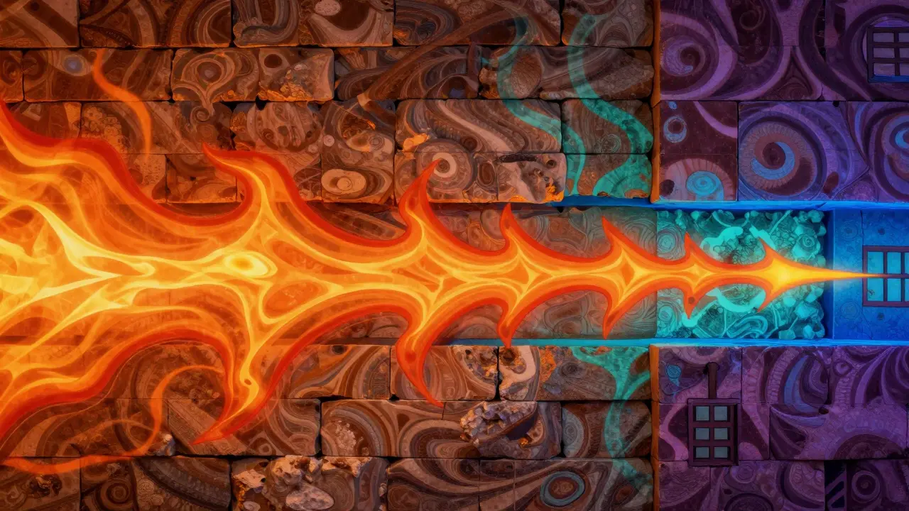 Abstrakter Querschnitt einer Wand mit sichtbaren Wärmewellen und Dämmung.