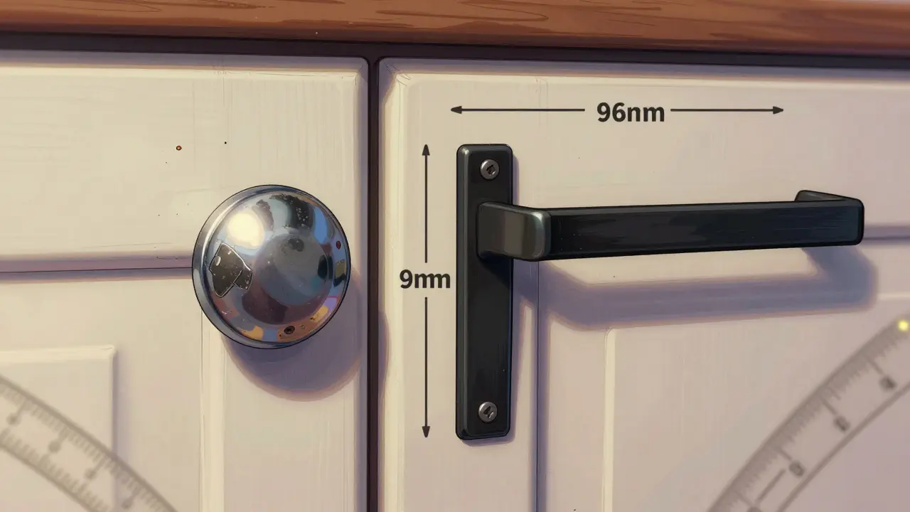 Close-up zweier Küchengriffe: alt mit Abnutzung vs. neu mit präzisen Bohrlöchern und Messlinien.