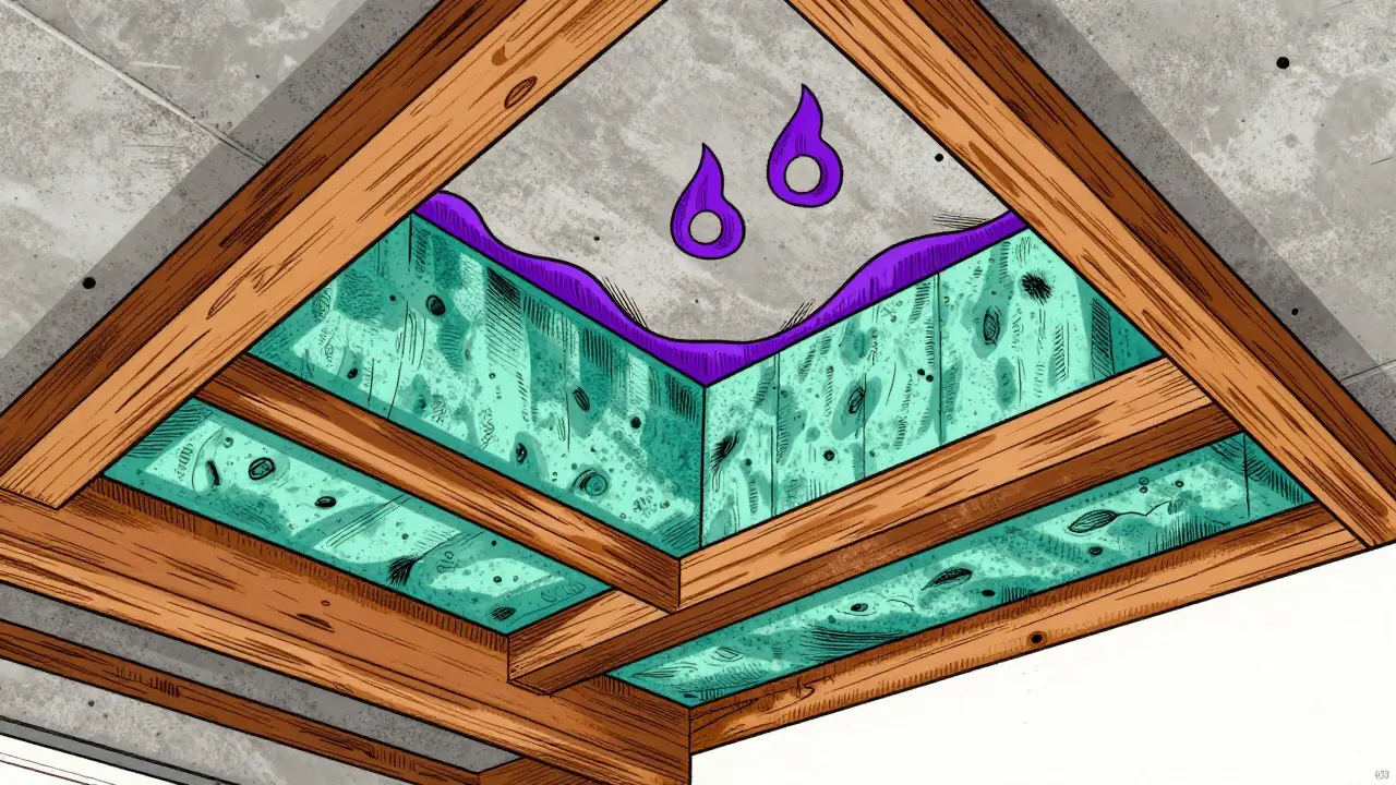 Dämmplatten aus Steinwolle hängen unter der Decke des unbeheizten Kellers.