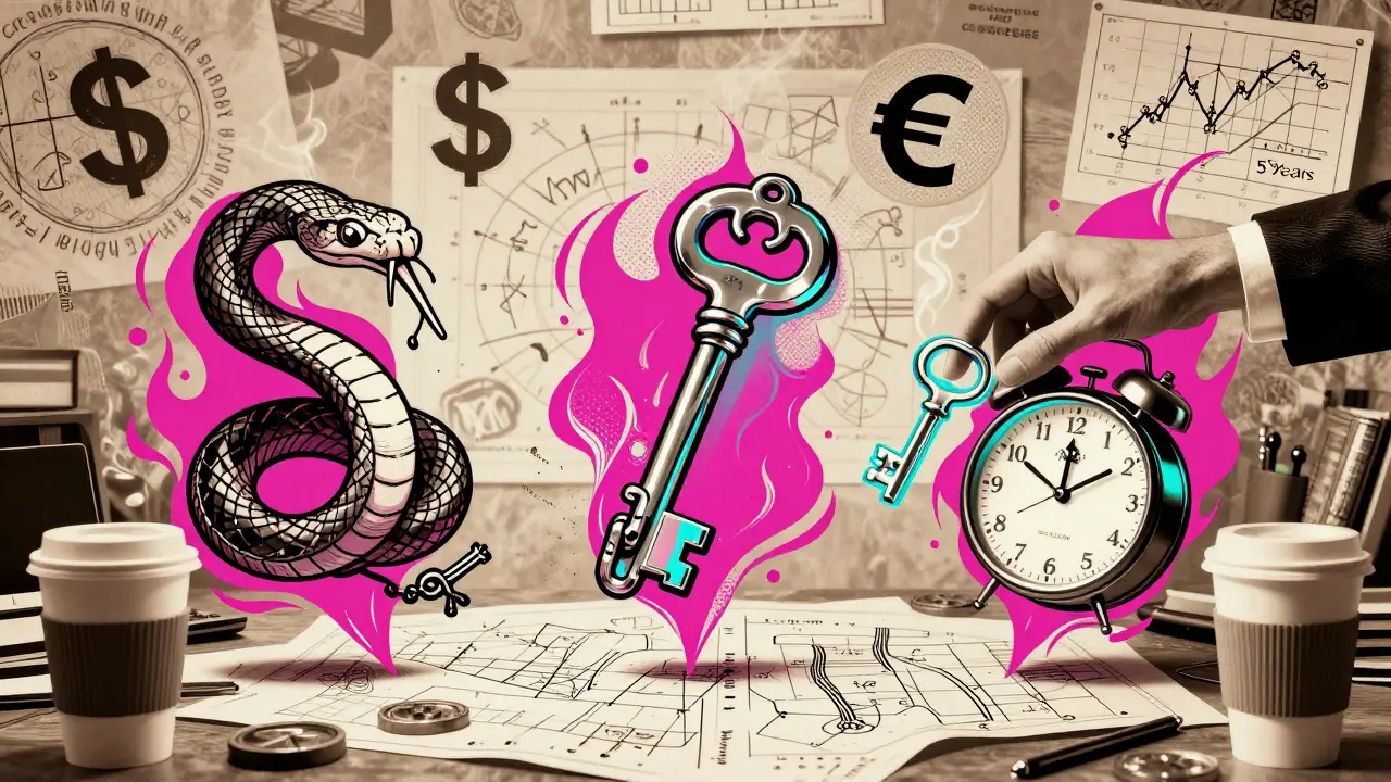 Drei Finanzverträge schweben über einem Schreibtisch: Devisenswap, Forward und Währungsoption.