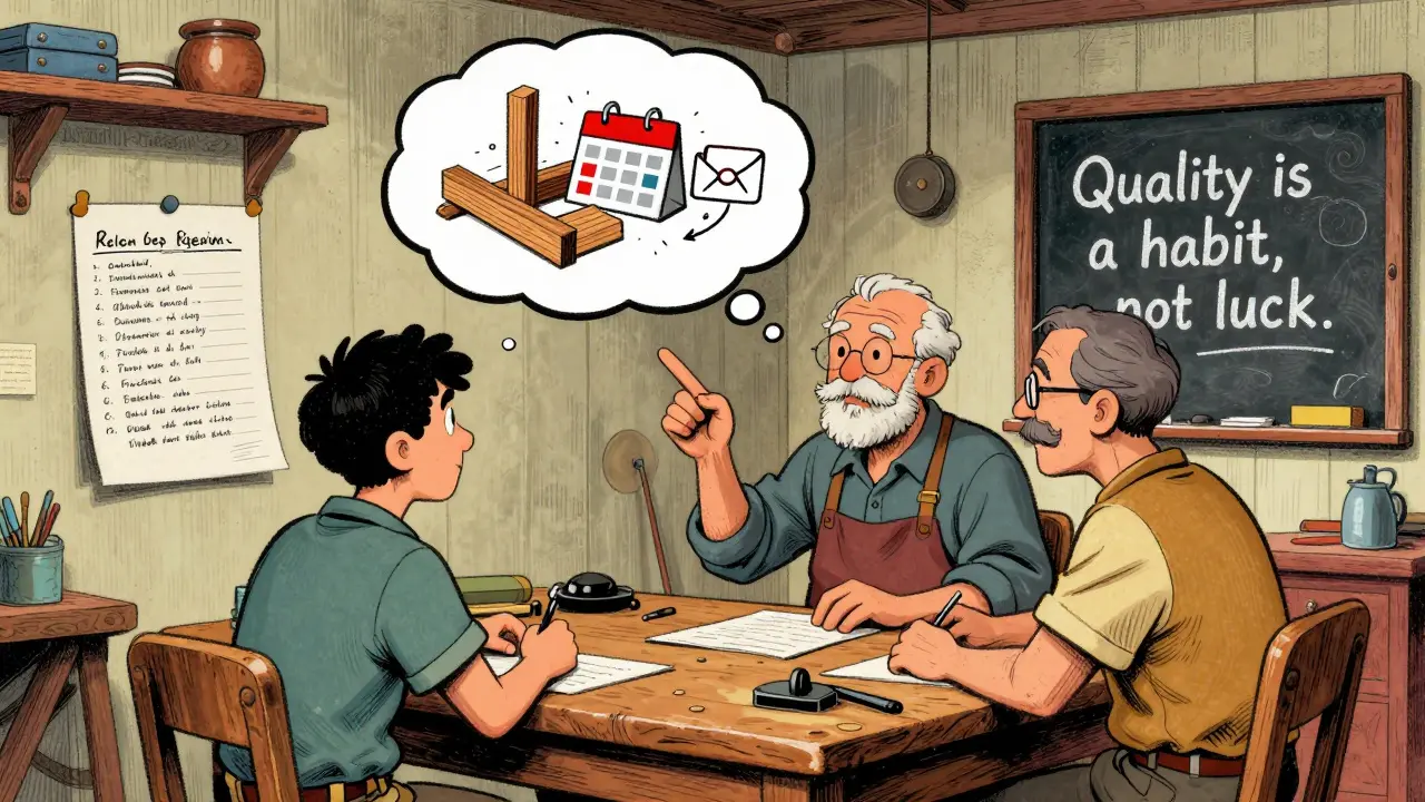 Drei Generationen von Handwerkern diskutieren eine Checkliste, die aus einem früheren Fehler entstanden ist.