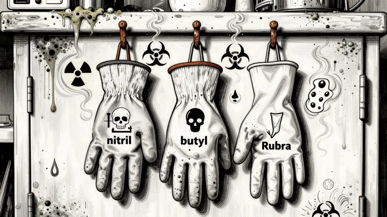 Drei spezialisierte Handschuhe hängen an einem Nagel, umgeben von giftigen Symbolen und schwebenden Schadstoffen in psychedelischem Stil.