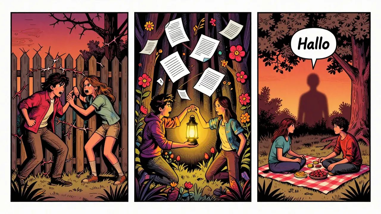 Dreiteilige Geschichte: Wütende Grenzbaustelle → mediierte Versöhnung → gemeinsames Picknick mit verschmolzenen Schatten.