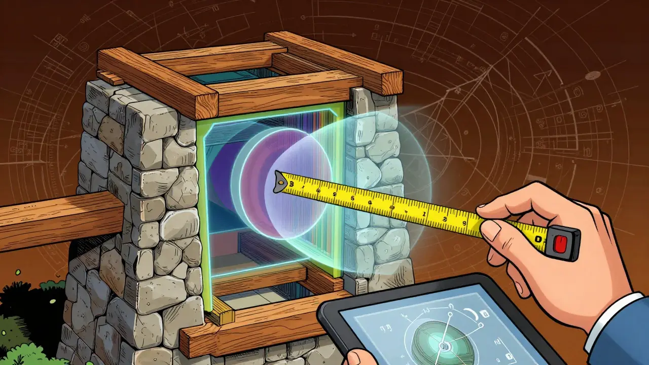 Durchsichtige Baustruktur zeigt Holz und Stein. Sicherer Bauplan im Illustrationsstil.