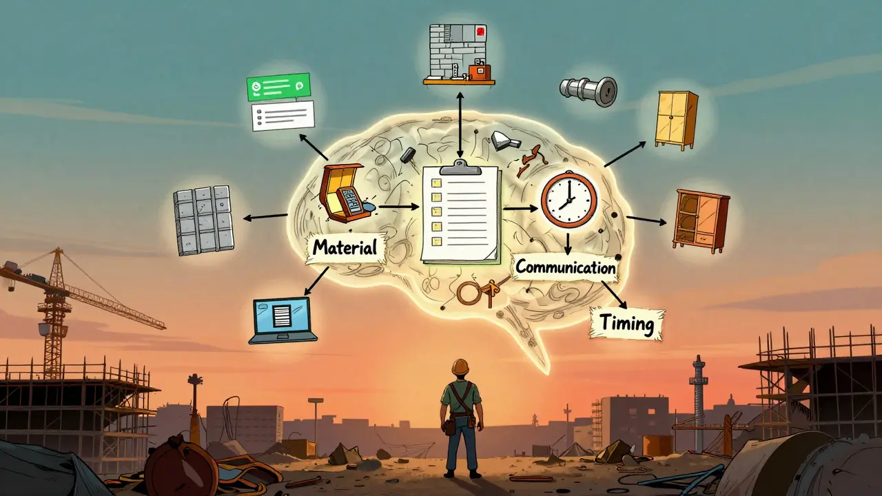 Ein digitaler Wissensbaum mit Lernpunkten aus Projekten schwebt über einer Baustelle.