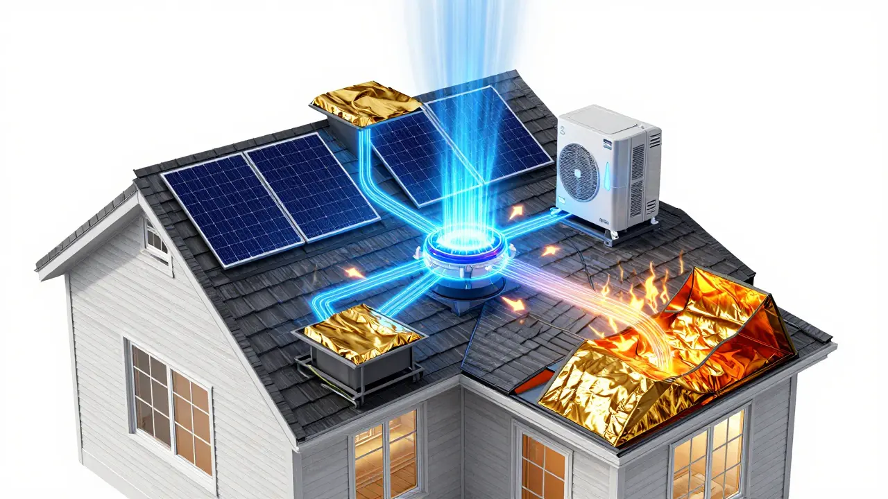 Ein ganzheitlicher Sanierungsplan mit fünf synchronisierten Systemen: Dach, Fenster, Wärmepumpe, Photovoltaik und Kellerdämmung in fließenden Linien.