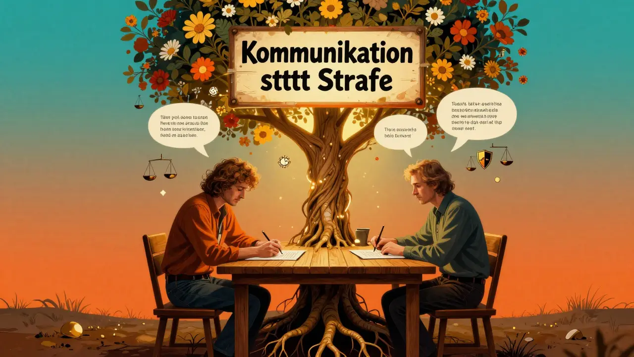 Ein Handwerker und Kunde schütteln sich die Hände unter einem Vertragsbaum, über ihnen ein Schild mit 'Kommunikation statt Strafe'.