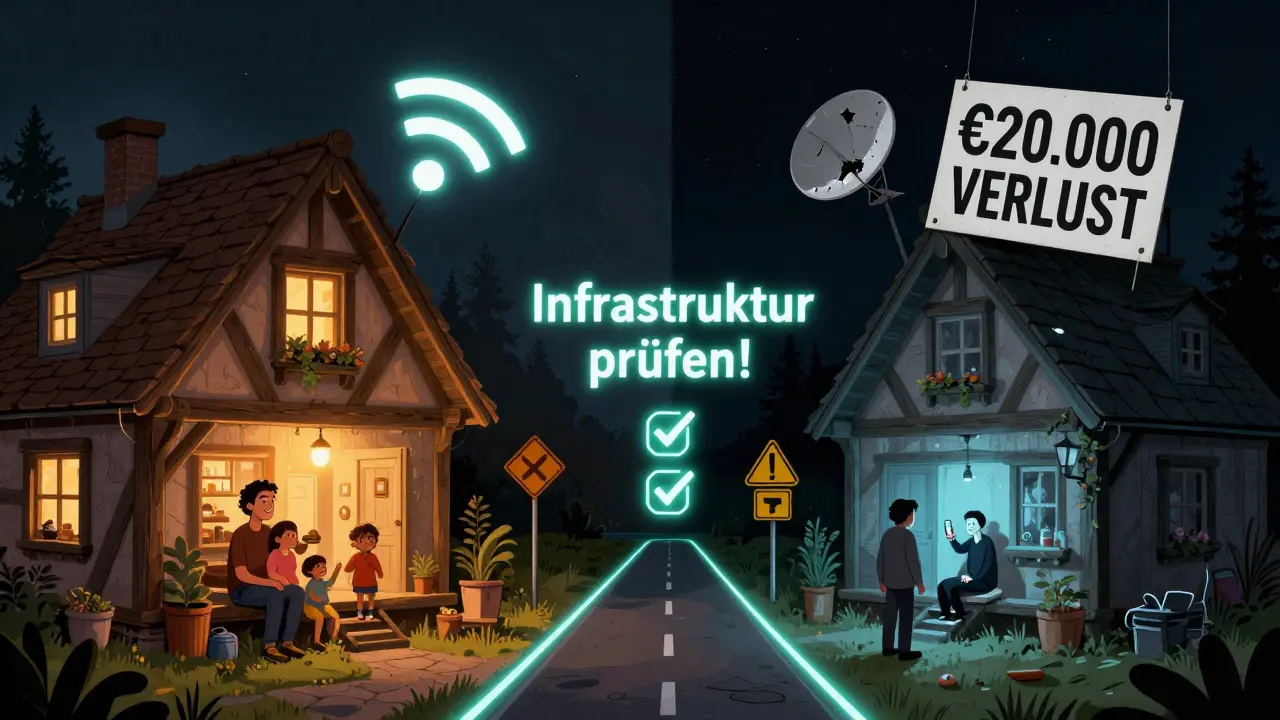 Ein Haus im Vergleich: links warm und verbunden, rechts dunkel und verlassen, mit einer riesigen Geldverlust-Anzeige über dem Dach.