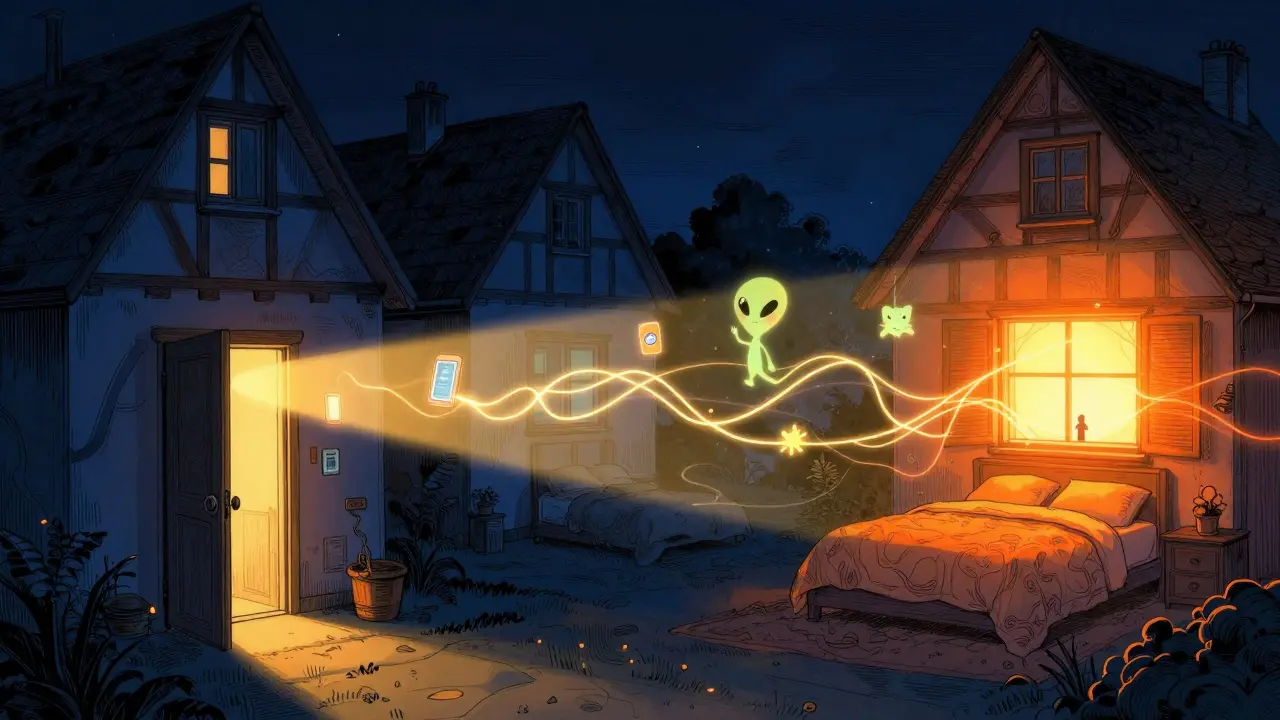 Ein Haus mit automatisch reagierenden Lichtern, die sich an Tageszeiten und Bewegungen anpassen, dargestellt als fließende, leuchtende Verbindungen.