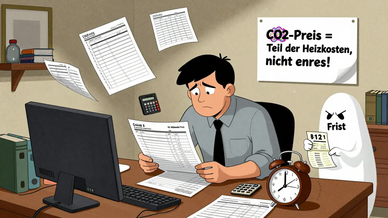 Ein Hausbesitzer erstellt selbst die Mieterabrechnung, umgeben von Papieren, einem Alarm und einem kritischen Mietergeist.