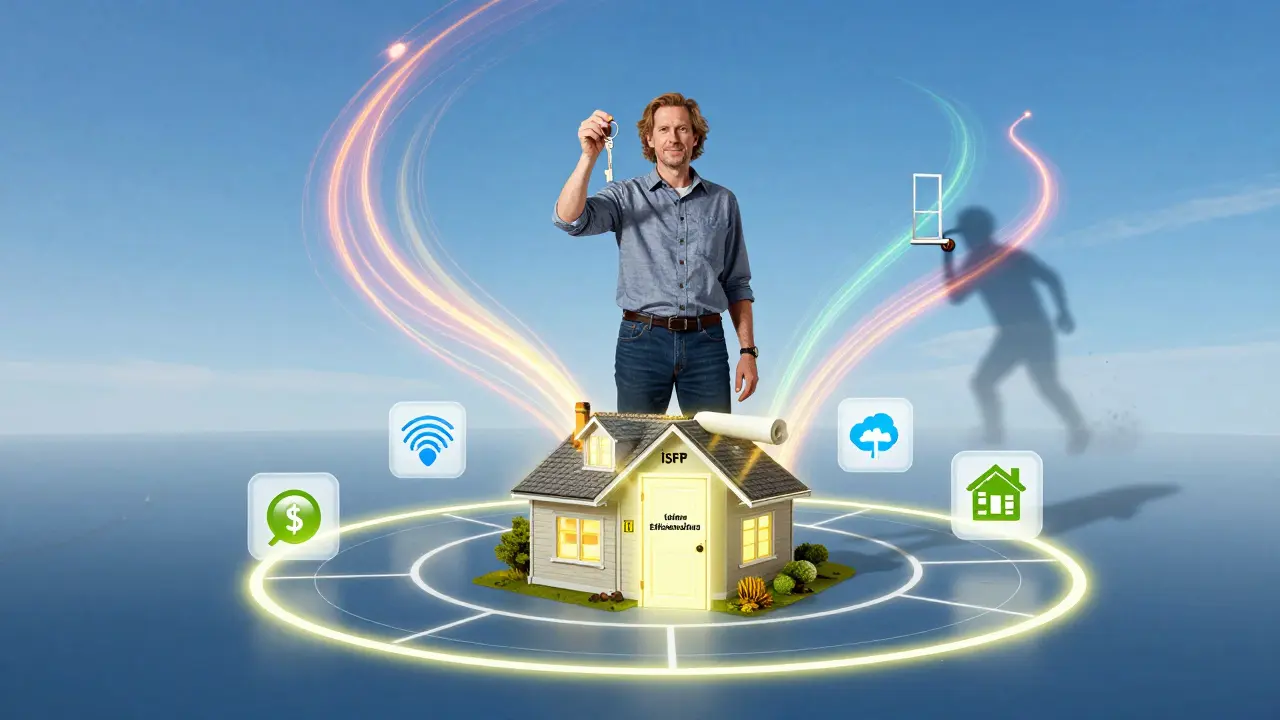 Ein Hausbesitzer hält einen iSFP-Plan und öffnet eine Tür zu einem Effizienzhaus 70, während um ihn herum Energie, Geld und Luftqualität fließen.