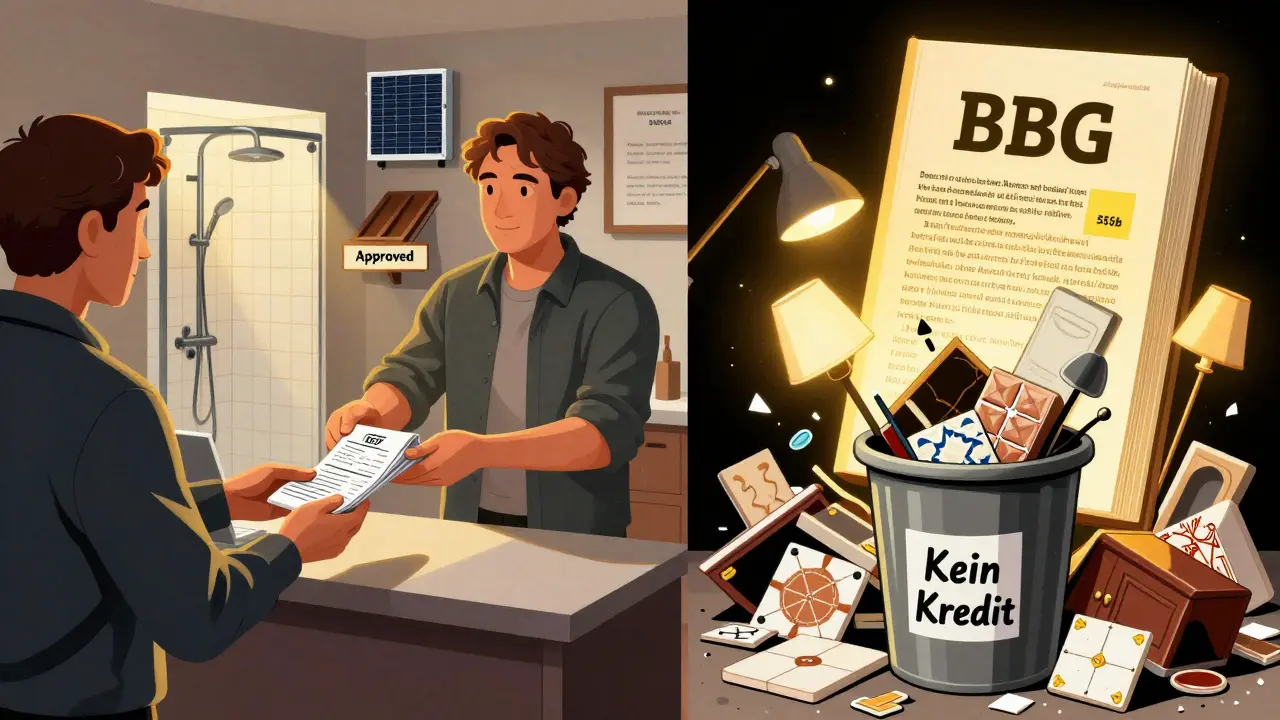 Ein Hausbesitzer reicht Kostenvoranschläge für Dämmung und barrierefreie Dusche ein, während neue Fliesen und Küchenmöbel in einen Mülleimer fallen.