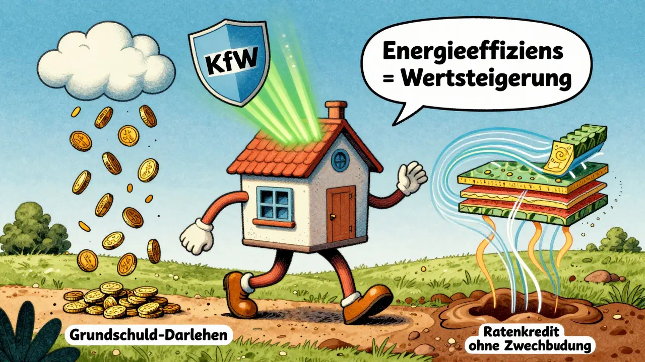 Ein hausförmiges Wesen geht auf einem Pfad aus niedrigen Zinsen, während eine KfW-Förderung grüne Energie auf es strahlt.