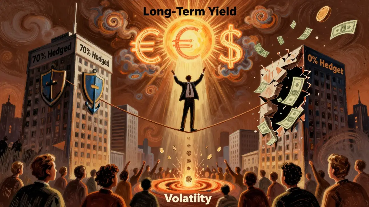 Ein Investor balanciert auf einer Seilbahn zwischen abgesichertem und ungeschütztem Investment.