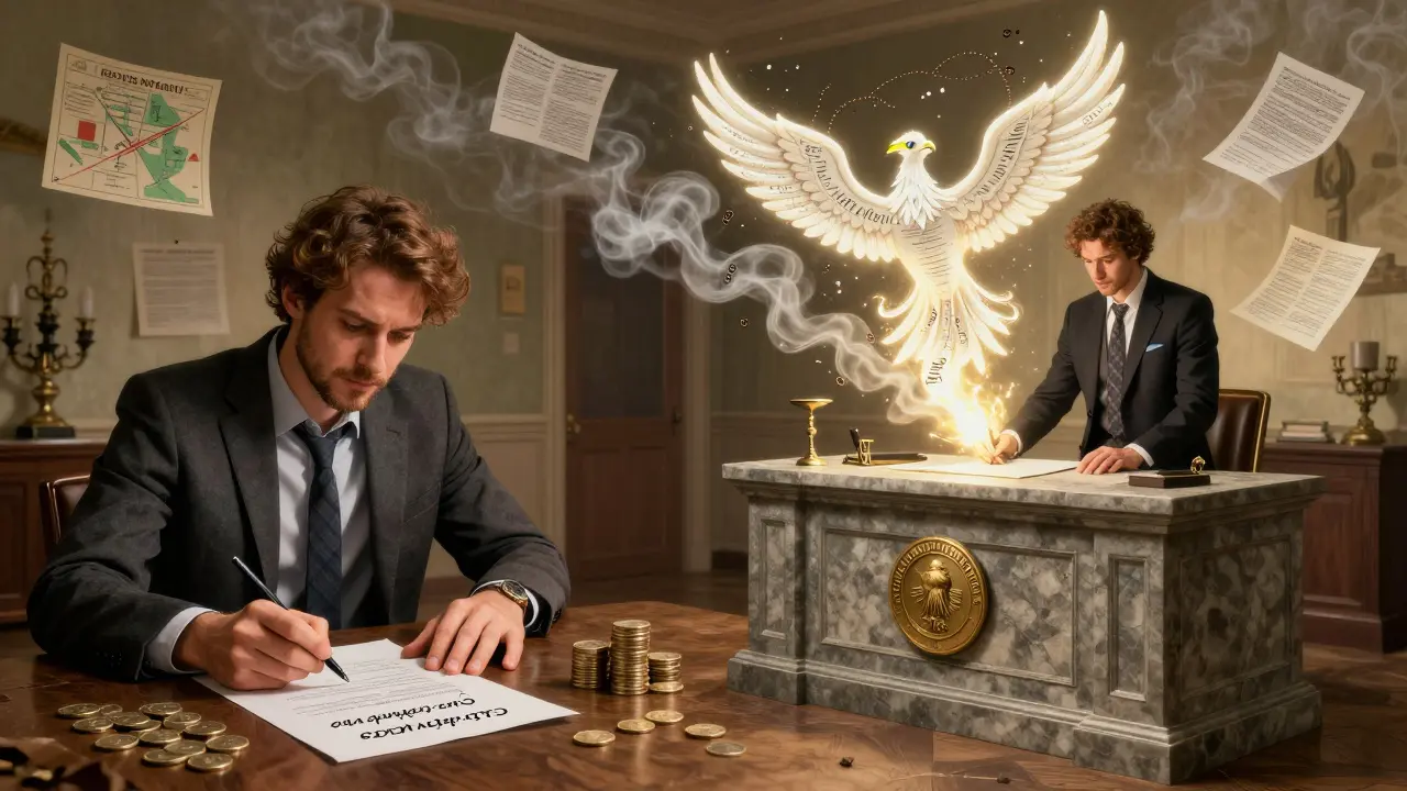 Ein Käufer unterschreibt vor einem monumentalen Notariat, während sich alte Rechtsketten in Rauch auflösen.