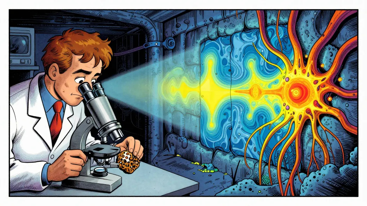 Ein Laborwissenschaftler untersucht eine Materialprobe unter dem Mikroskop, während eine Wärmebildkamera kalte Feuchtigkeitsstellen an einer Kellerwand zeigt.