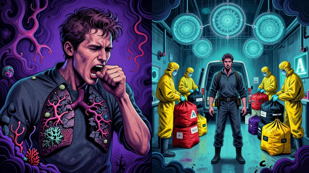 Ein Mann mit kranken Lungen links, rechts derselbe Mann sicher mit Fachleuten, die gefährliche Abfälle in gekennzeichneten Säcken laden.