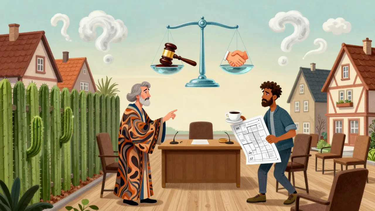 Ein Mediator führt zwei Nachbarn in einer kommunalen Schlichtungsstelle, während Zaun und Kaffeebecher sich verwandeln.