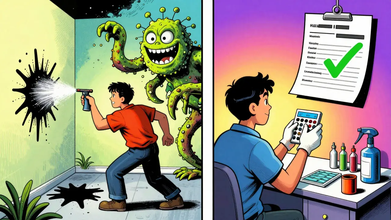 Ein Schimmelmonster wächst aus einer mit Bleichmittel besprühten Wand, während ein Experte Proben sammelt und ein Laborbericht mit grünem Checkmark erscheint.