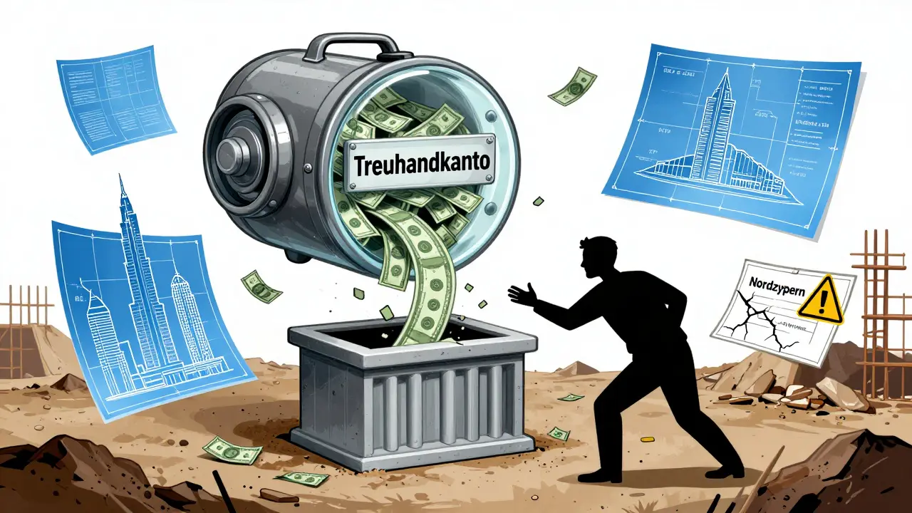 Ein transparentes Treuhandkonto leitet Käufergelder sicher, während ein Entwickler versucht, Geld aus einem leeren Konto zu stehlen.