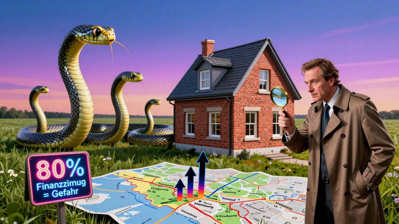 Eine 20-jährige Zinsbindung umschlingt ein Haus, während kürzere Laufzeiten zittern, und ein Investor analysiert deutsche Top-Städte.