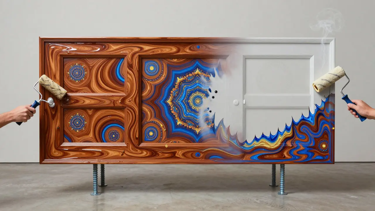 Eine auf Schrauben drehbar gelagerte Tür, die gleichzeitig von beiden Seiten lackiert wird.