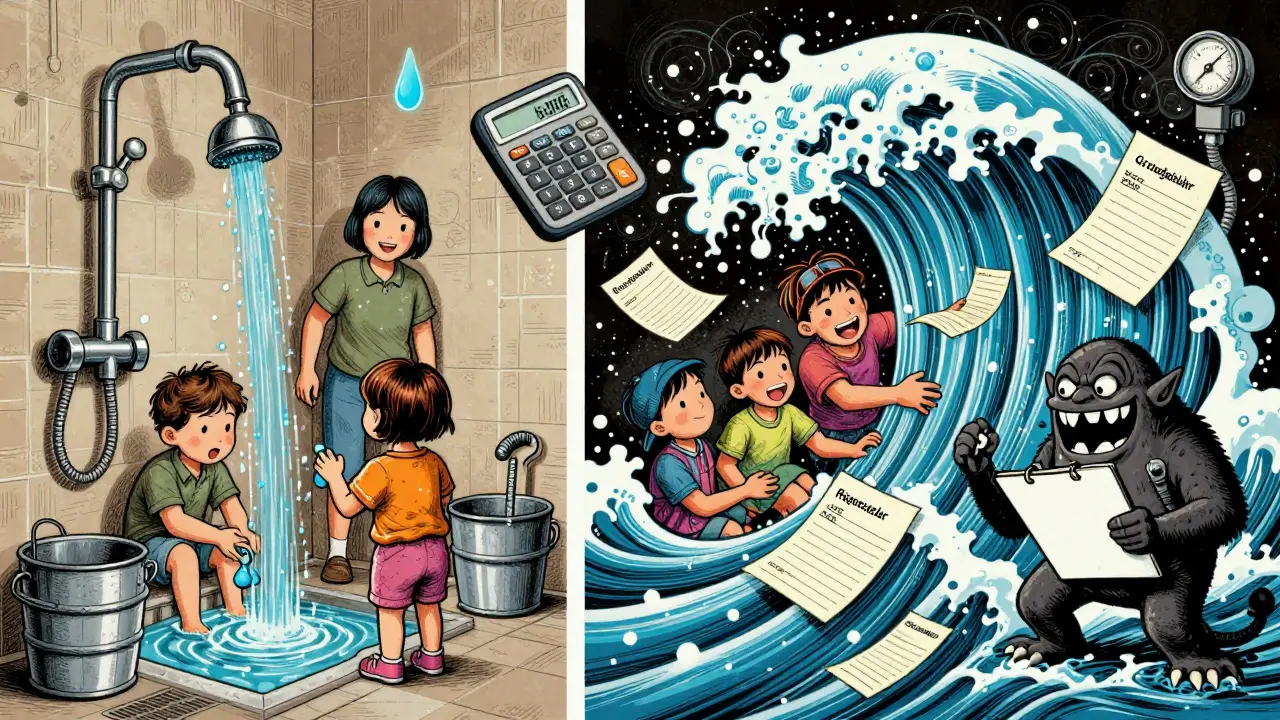 Eine Familie spart Wasser auf einer Seite, während sie von Rechnungen überflutet wird, im psychedelischen Stil von Rick Griffin.