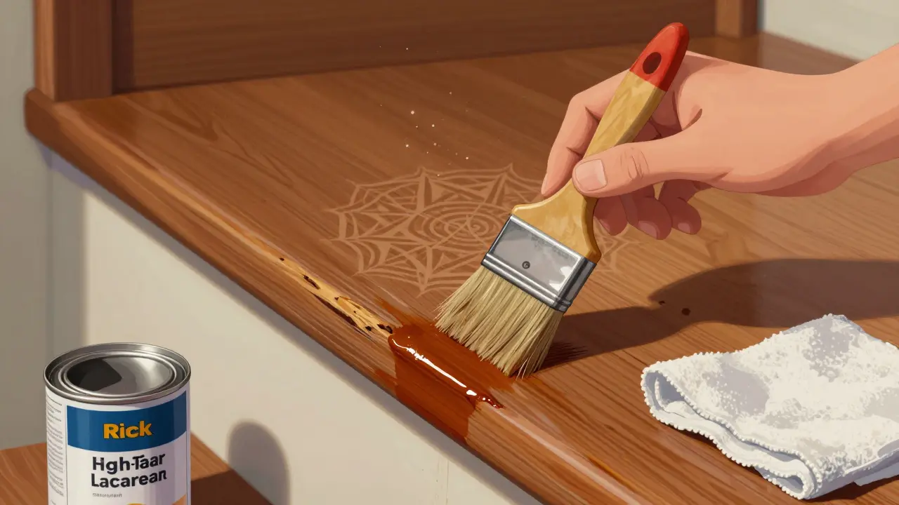 Eine Hand bestreicht eine Treppenstufe mit Lack, während das Holz seine Maserung zeigt.