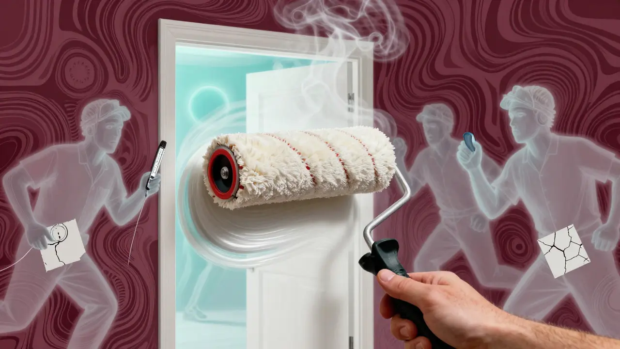 Eine Hand mit Rolle, die Lack gleichmäßig aufträgt, während geisterhafte Figuren um sie herum eilen.