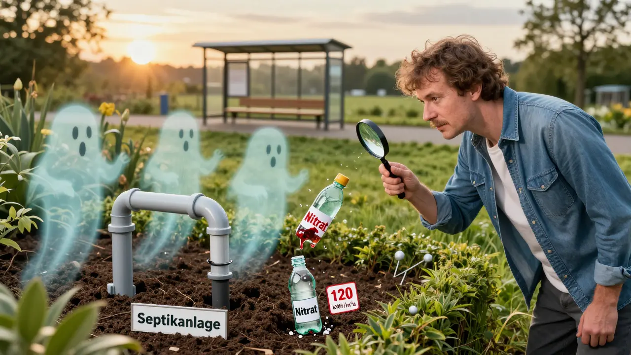 Eine Person untersucht mit einer Lupe eine Septikanlage im Garten, während geisterhafte Wasser- und Nitrat-Symbole aufsteigen.
