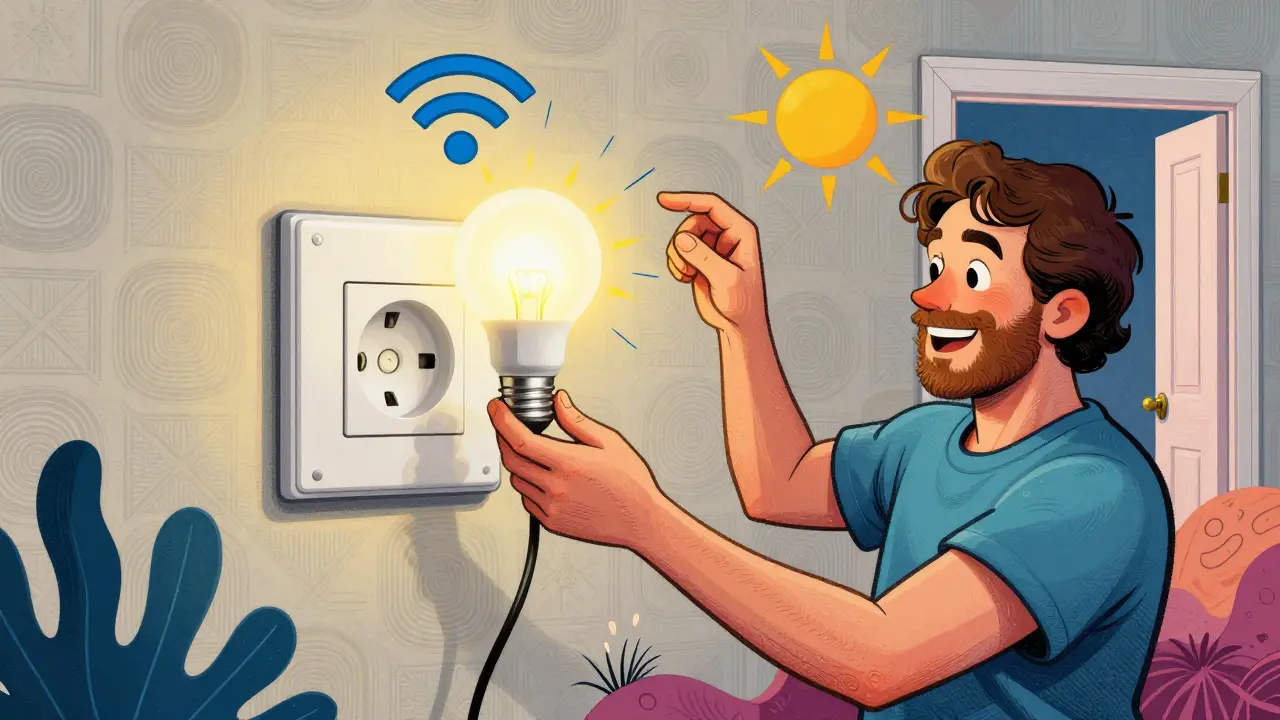 Eine Person wechselt eine herkömmliche Glühbirne gegen eine intelligente Lampe – ohne Werkzeug, ohne Kabel, in einer humorvollen, psychedelischen Szene.