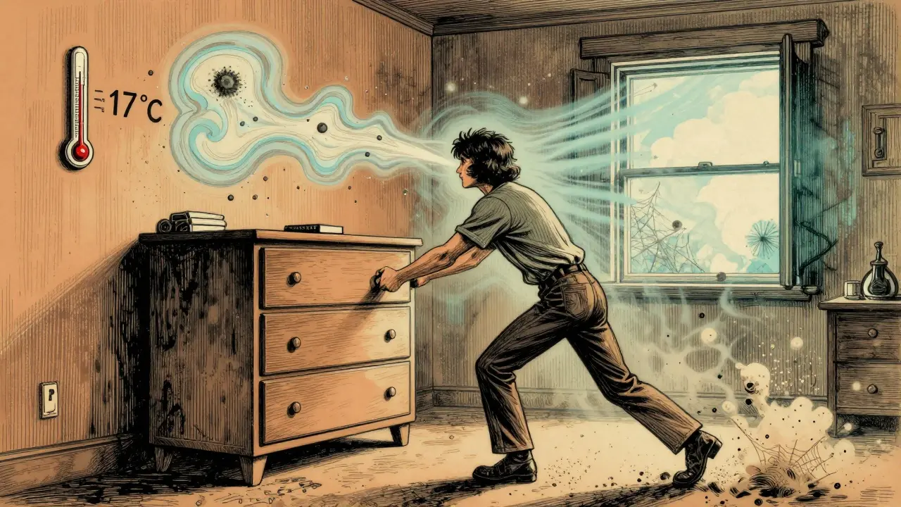 Eine Person zieht einen Schrank nach vorne, während sich hinter ihm Luft und Licht bewegen, Schimmelsporen schweben in der Luft.