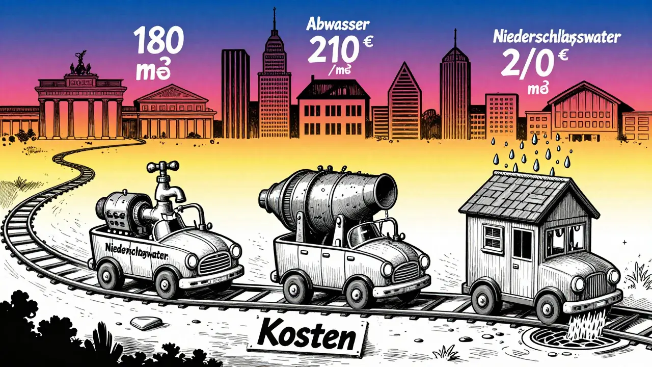 Eine surreale Rechnung als Karnevalsfahrt mit Wasser-, Abwasser- und Regenwasserwagen, im Rick-Griffin-Stil.