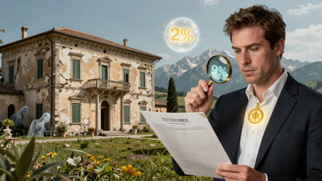 Eine verfallene Villa mit Geistern gegenüber einem strahlenden Notar, der eine Steuernummer als Amulett trägt.