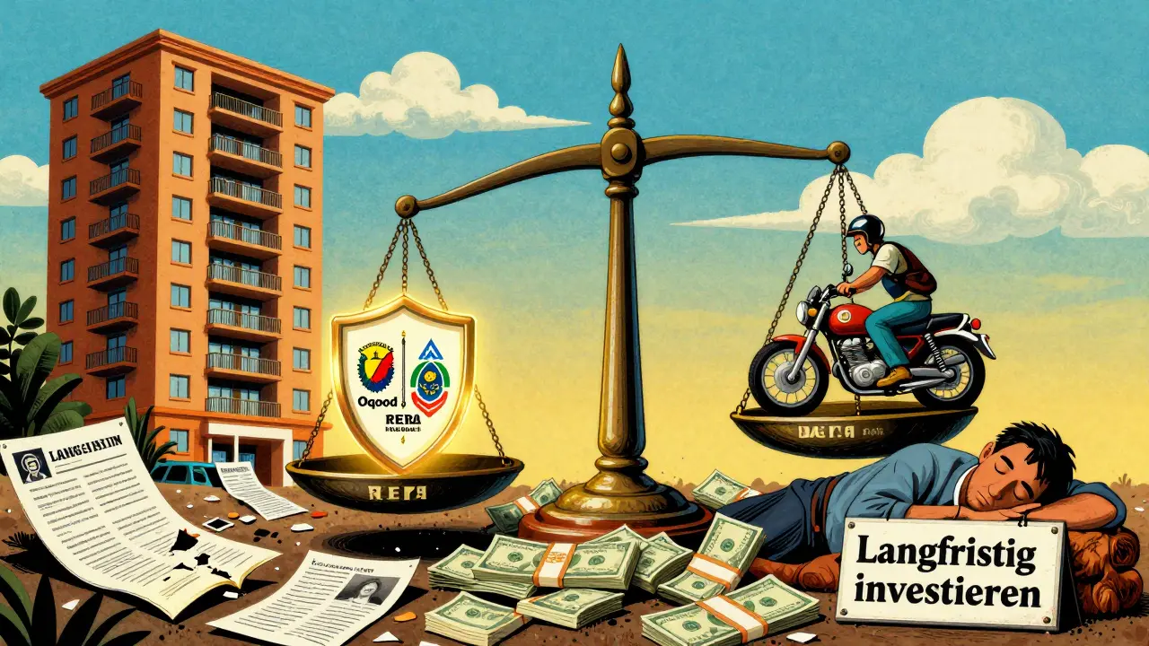 Eine Waage vergleicht eine sichere Immobilie in Dubai mit dem Risiko eines Off-Plan-Kaufs in Nordzypern, dargestellt in psychedelischem Stil.