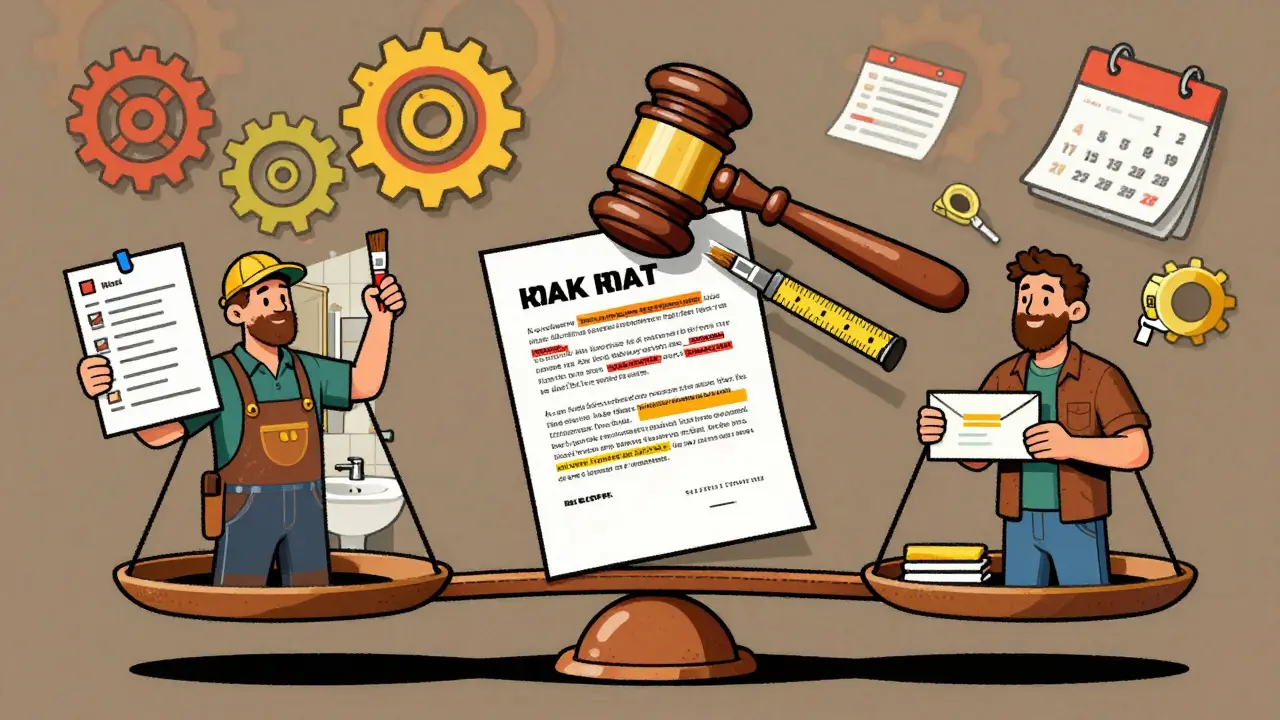 Eine Waage zeigt einen Handwerker mit Checkliste und einen Kunden mit Zahlung – zwischen ihnen ein Stift-Gavel über einem Vertrag.