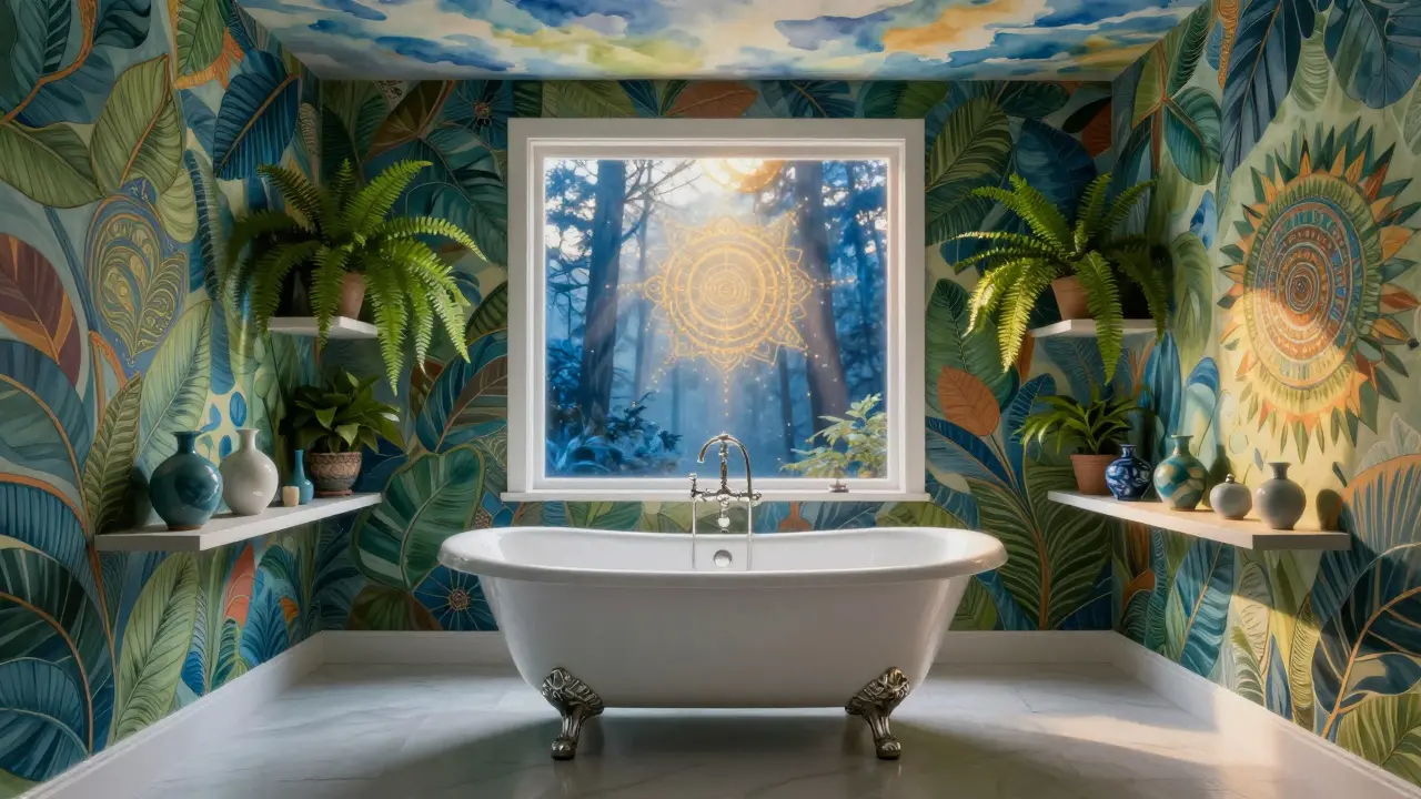Freistehende Badewanne mit Blatt-Mosaik-Tapete und goldenem Lichtstrahl in surrealistischem Stil.