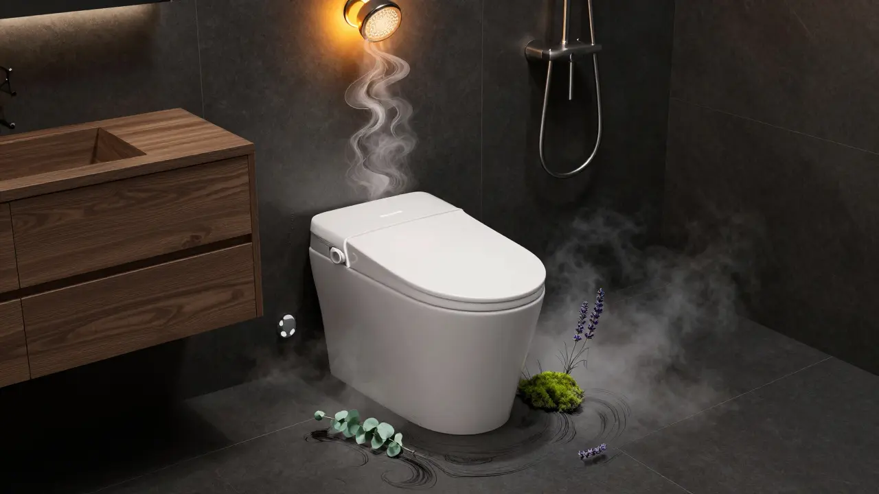 Intelligente Toilette mit Holzpaneele und schwebenden Pflanzenmotiven in psychedelischem Stil.