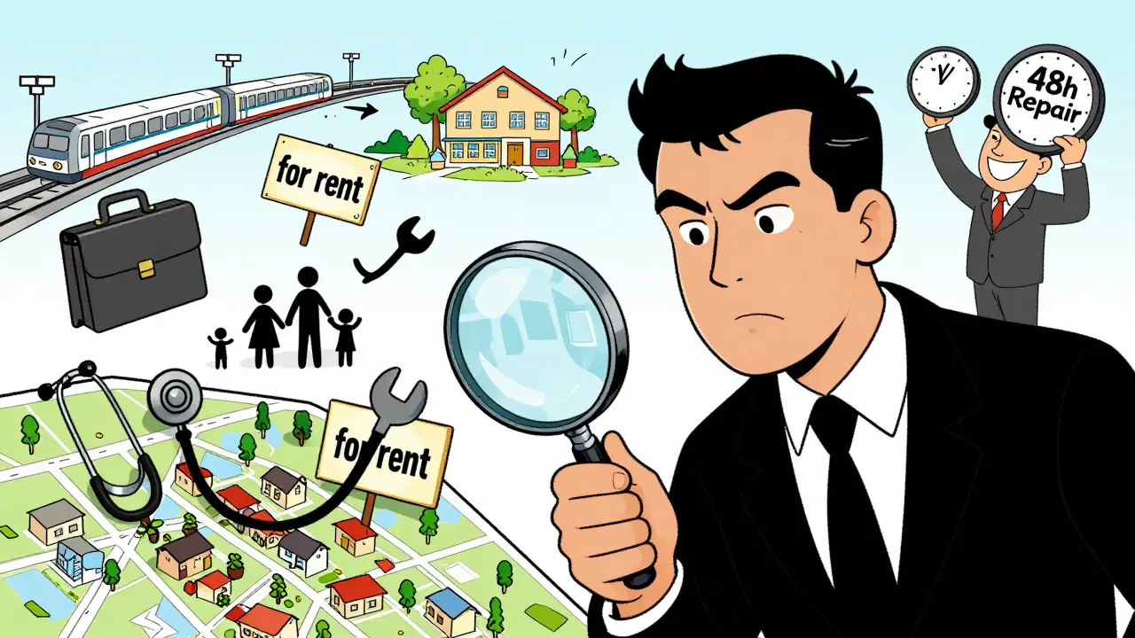 Investor mit Lupe über einer Stadtmappe, umgeben von Symbolen für stabile Mieter, Infrastrukturprojekte und professionelles Management in stylisierter Comic-Ästhetik.