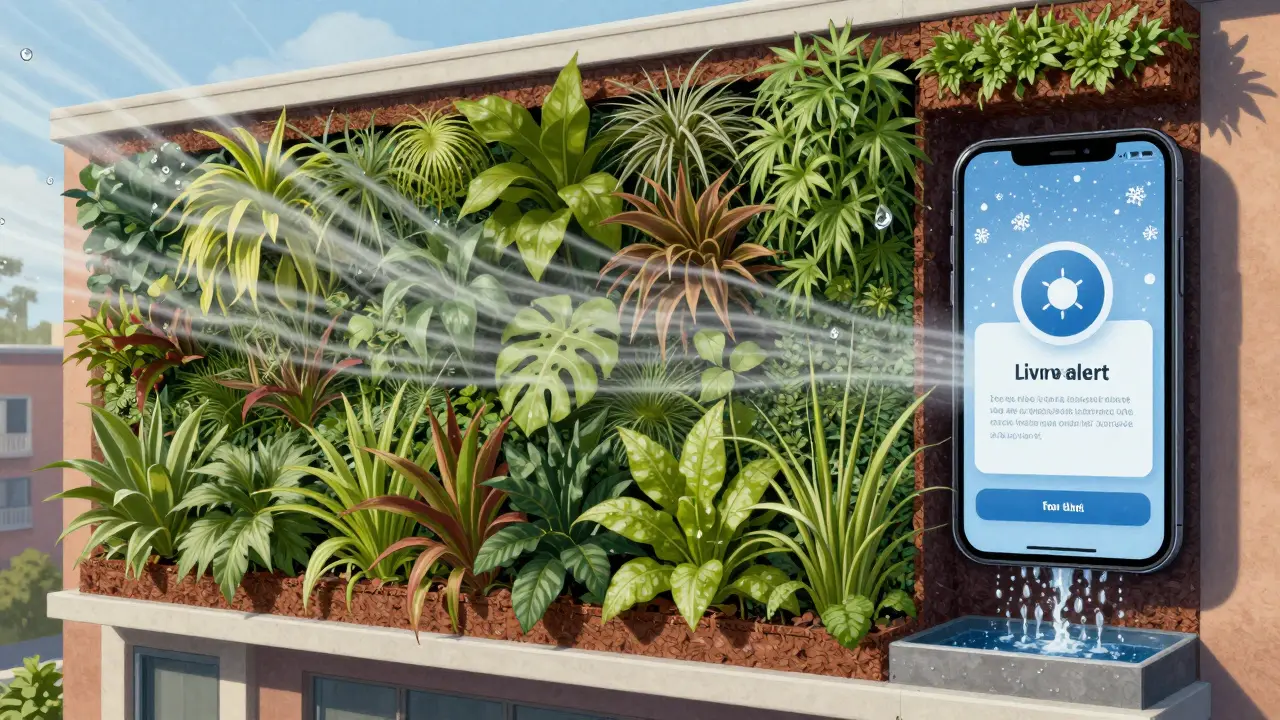 LivingWALL mit Luftschicht zwischen Pflanzen und Wand, Frostschutz-System aktiv, Wasser fließt ab.