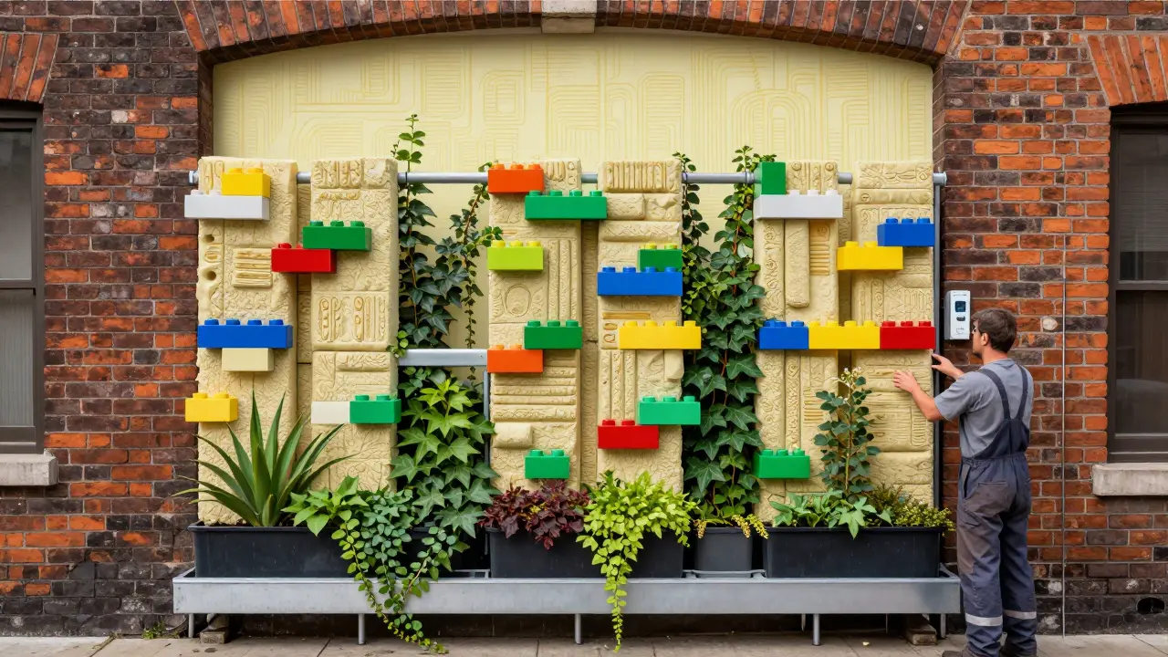 PLANT WALL-Module als bunte Kästen an einer Ziegelwand montiert, mit Regenwasserkanälen und Kletterpflanzen.