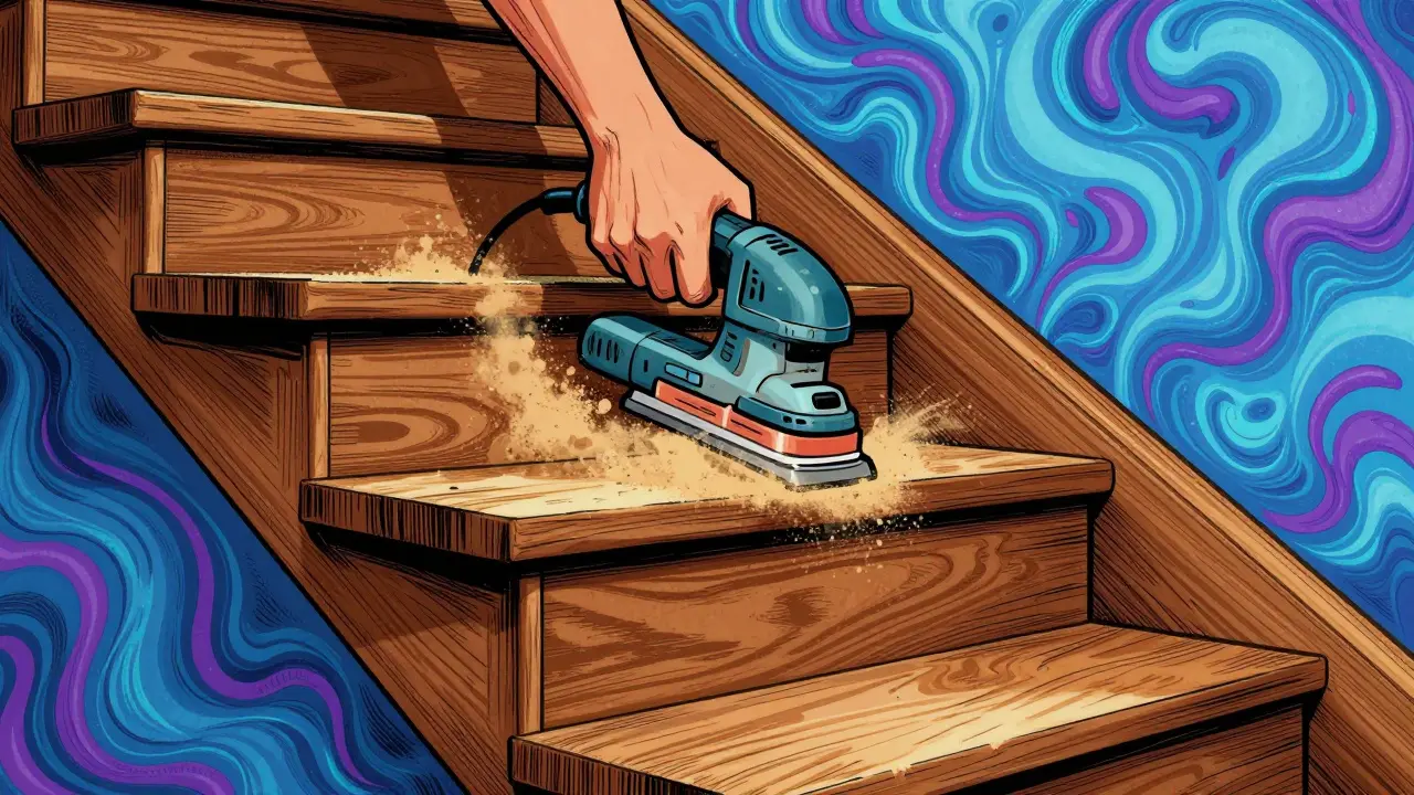 Schleifprozess einer Holztreppe mit fliegendem Staub