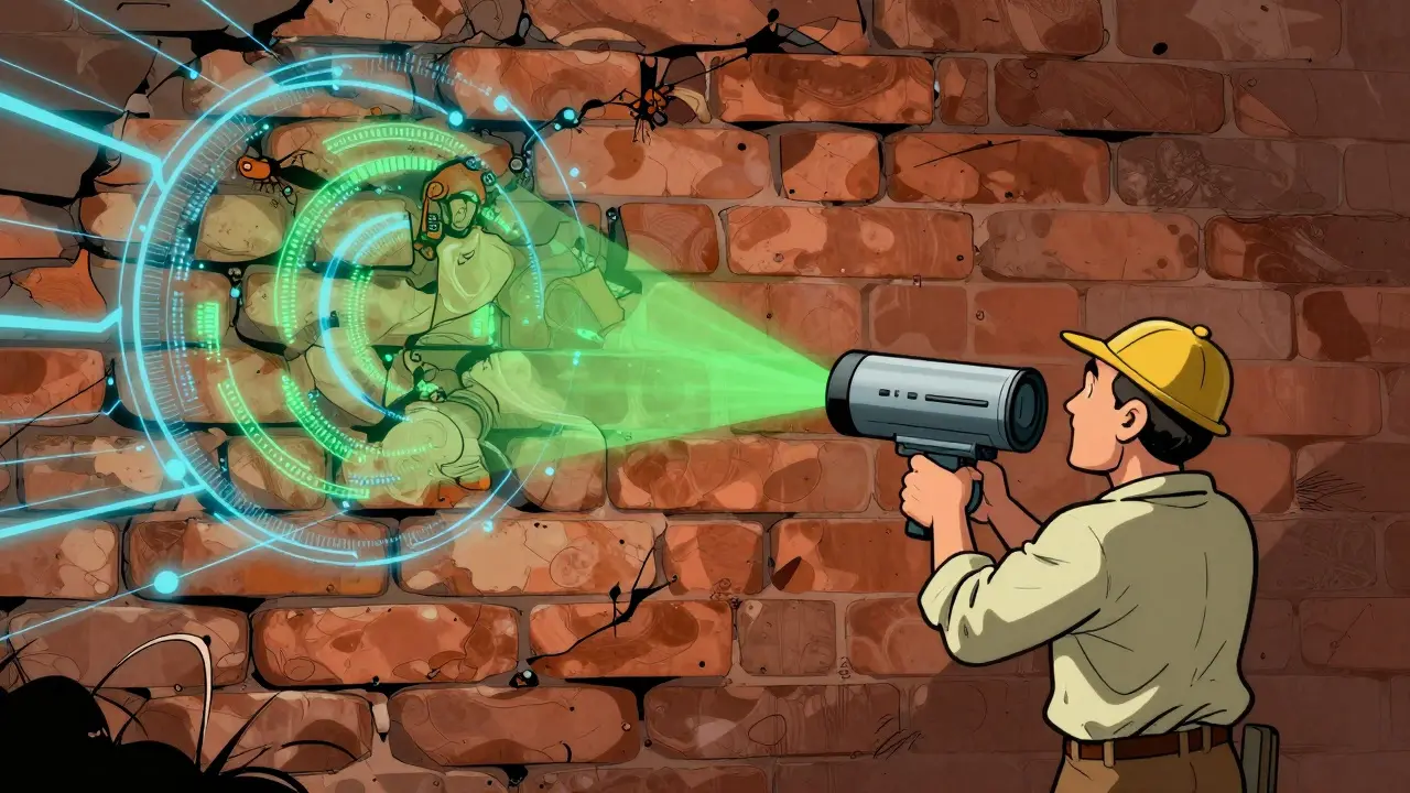 Techniker scannt historische Wand mit grünem Laserlicht und Datenwolke.