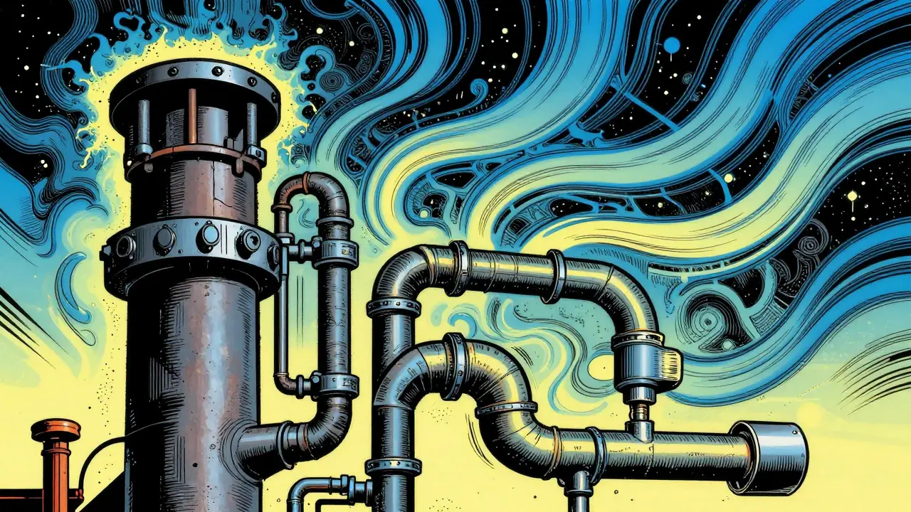 Technische Ansicht von Schornstein und Luft-Abgas-System Rohren.