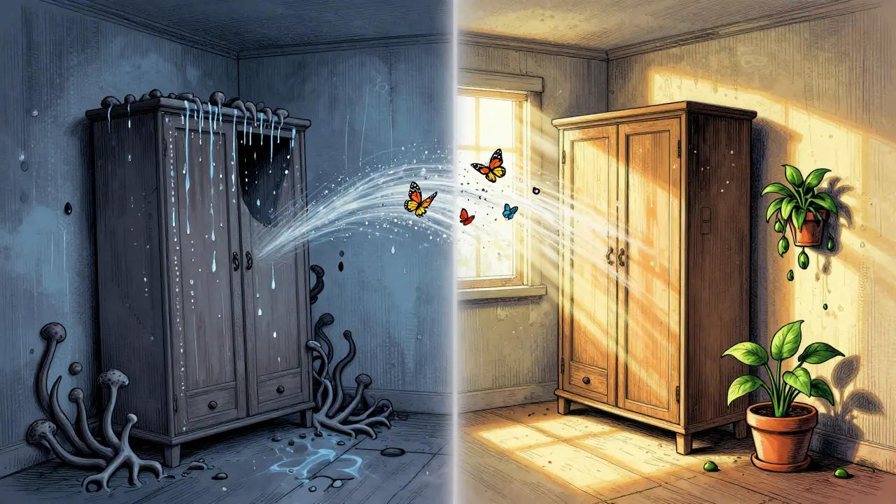 Vergleich: Schimmelige Wand hinter geschlossenem Schrank links, gesunde, trockene Wand mit Luftzirkulation rechts.