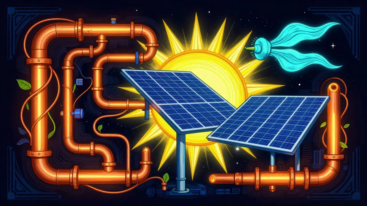 Vernetzte Heizrohre wie organische Ranken mit glühender Energie.