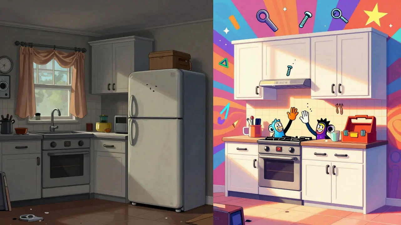 Vorher-Nachher-Vergleich einer Küche: von veraltet und trist zu modern und strahlend mit neuen Griffen.