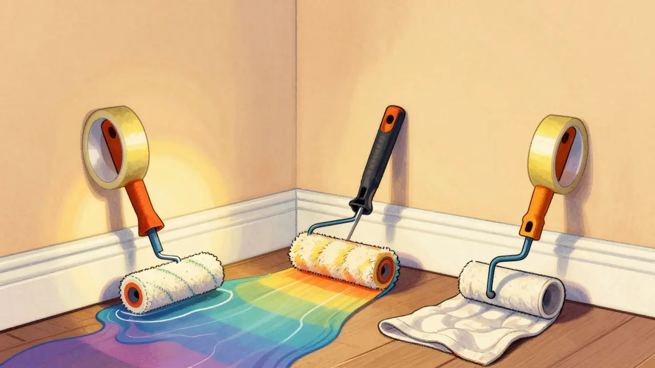 Wand mit Grundierung und abgeklebten Kanten für den Anstrich